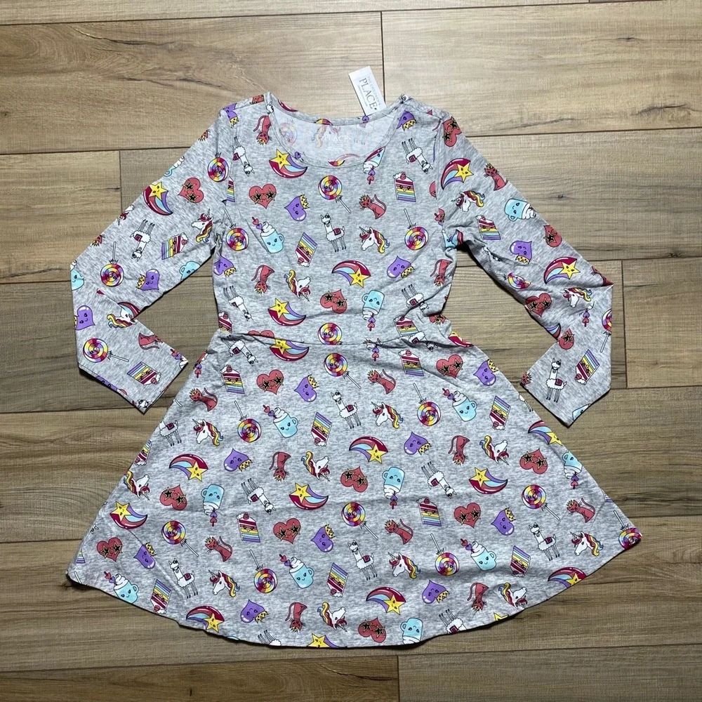 The Children's Place Girls Long Sleeve Printed Skater Everyday Dress Large Gray